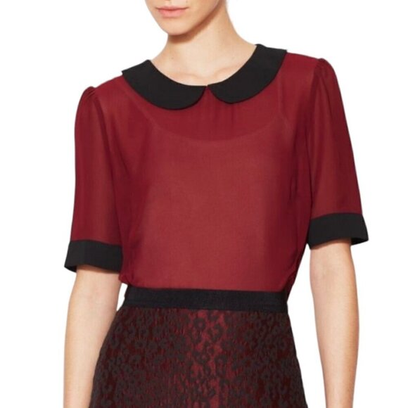 NWT W118 By Walter Baker Blouse Sz.L Burgundy Chiffon Peter Pan Collar Retro 90s - Picture 1 of 13